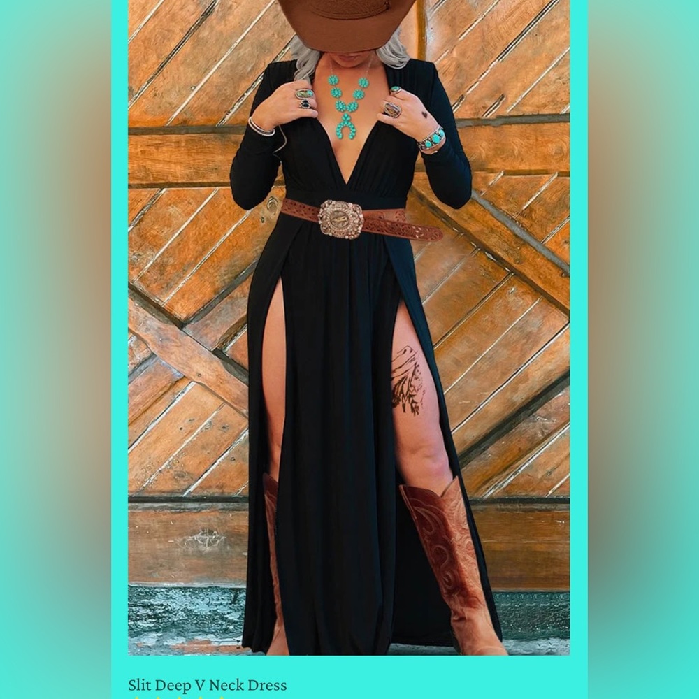 Slit Deep V Neck Dress